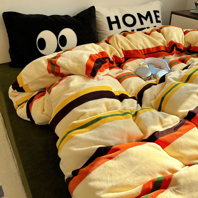 大眼睛混搭温柔黄条纹秋冬保暖四件亲肤短绒床品暖绒床单