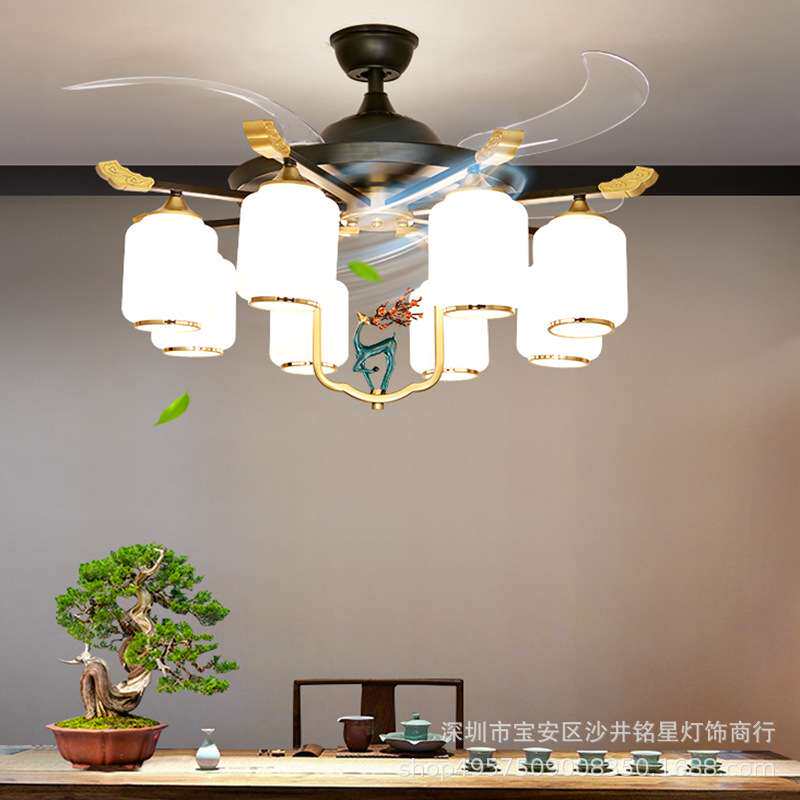 新中式风扇灯客厅吊扇灯中国风卧室书房家用餐厅风扇吊灯2022新款