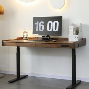 黑胡桃木升降书桌实木电动升降桌带插座定制智能工作台移动电脑桌