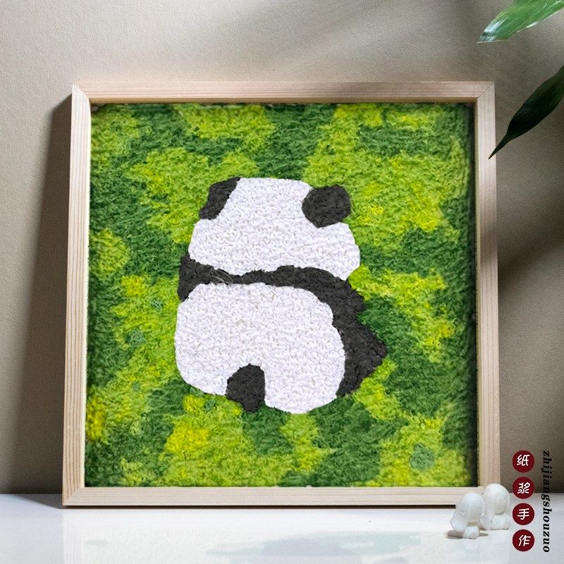 纸浆画手工diy熊猫国潮可爱龙卡通摆件原木画框数字油画填色画