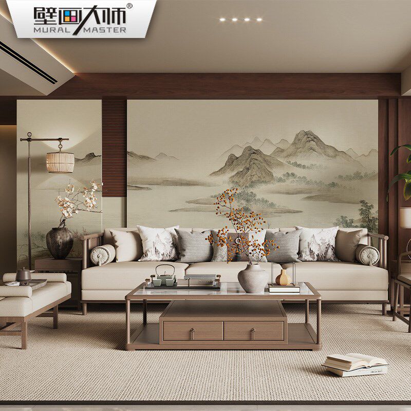 湖山春暖图刺绣壁布背景墙纸中式古风聚财山水壁纸客餐厅壁画新款