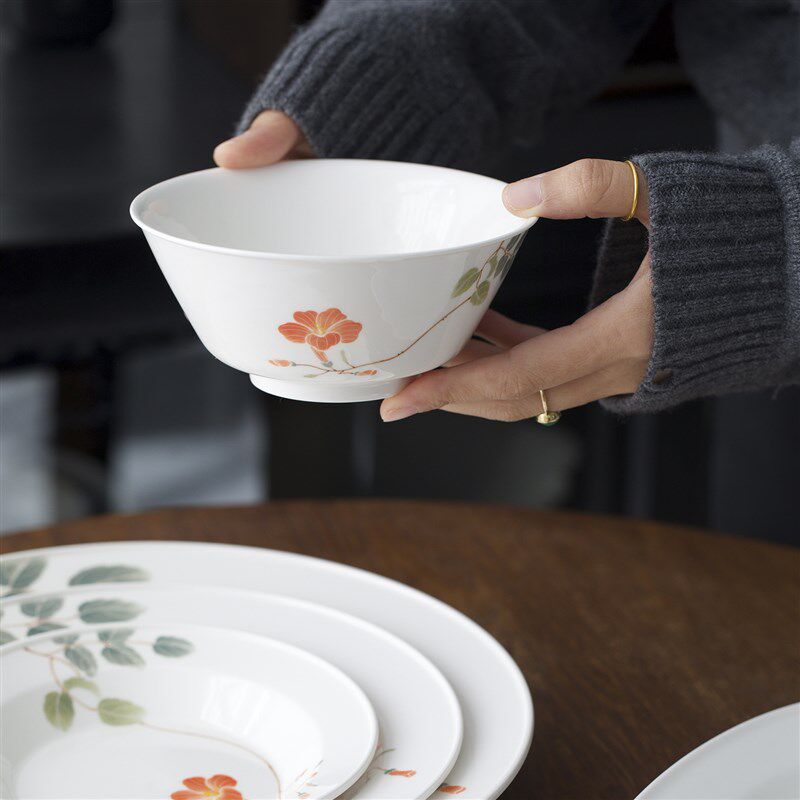 曼叙盘子家用菜盘釉下彩餐具凌霄花碗家用2024新款意面盘陶瓷餐具