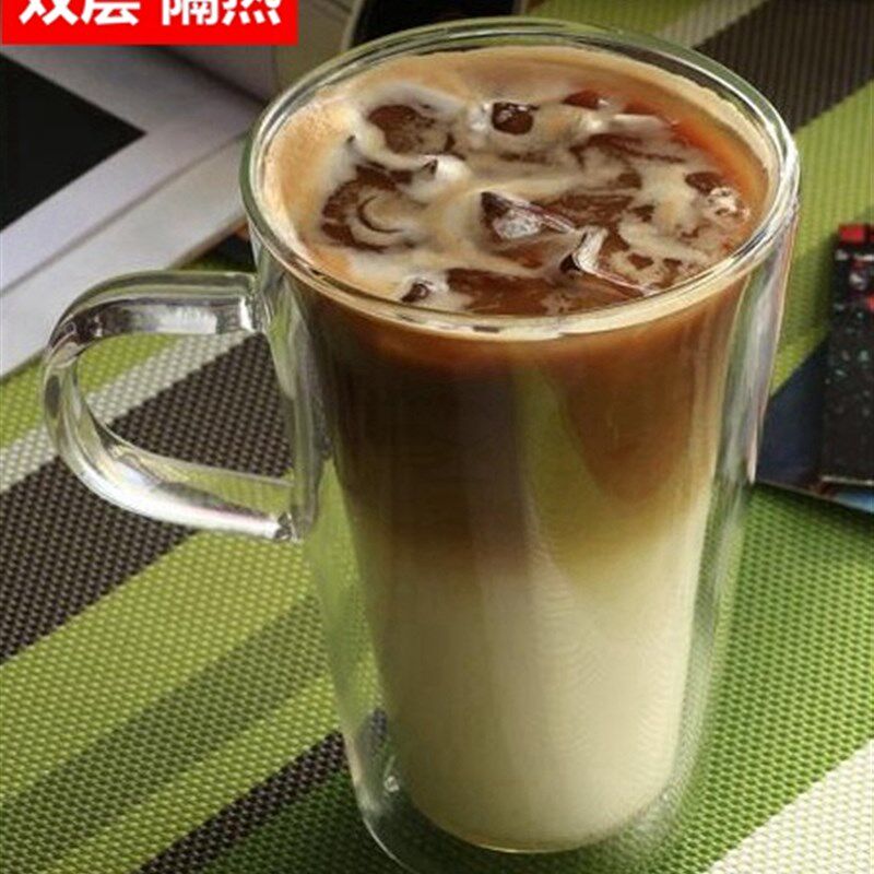 隔热透明双层玻璃咖啡杯带把水杯办公家用茶杯牛奶杯子400ml