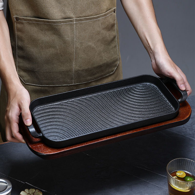 加厚铸铁烤盘长方形烤肉锅战斧牛排铁板烧盘家用燃气加大号烤鱼盘