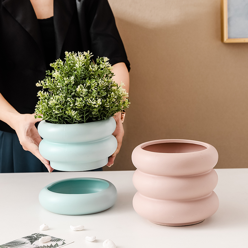陶瓷花盆创意几何形状带托盘懒人吸水盆绿植多肉水培无孔绿植花卉