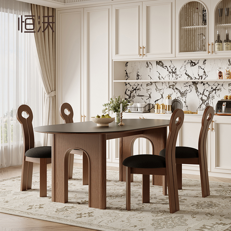 恒沃法式中古餐桌2023新款小户型家用饭桌实木椭圆形黑色岩板餐桌