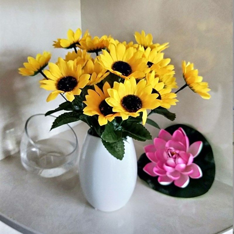 高档落地陶瓷花瓶仿真向日葵花套装 假花绢花 餐桌客厅隔板装饰花