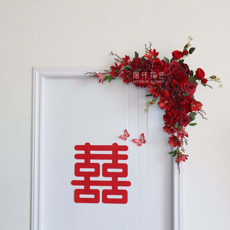 新房入户门仿真花房间卧室背景装饰婚房门头花婚礼玄关酒店门楣花
