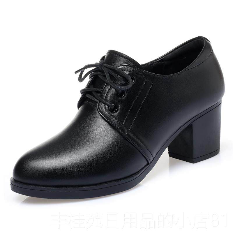 正品黑色真女鞋中年皮士系带鞋高跟鞋女单鞋软底软皮妈妈鞋子中皮