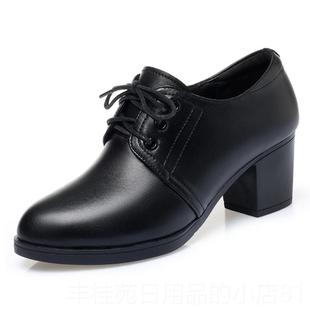黑色真女鞋 软底软皮妈妈鞋 中年皮士系带鞋 女单鞋 子中皮 高跟鞋 正品