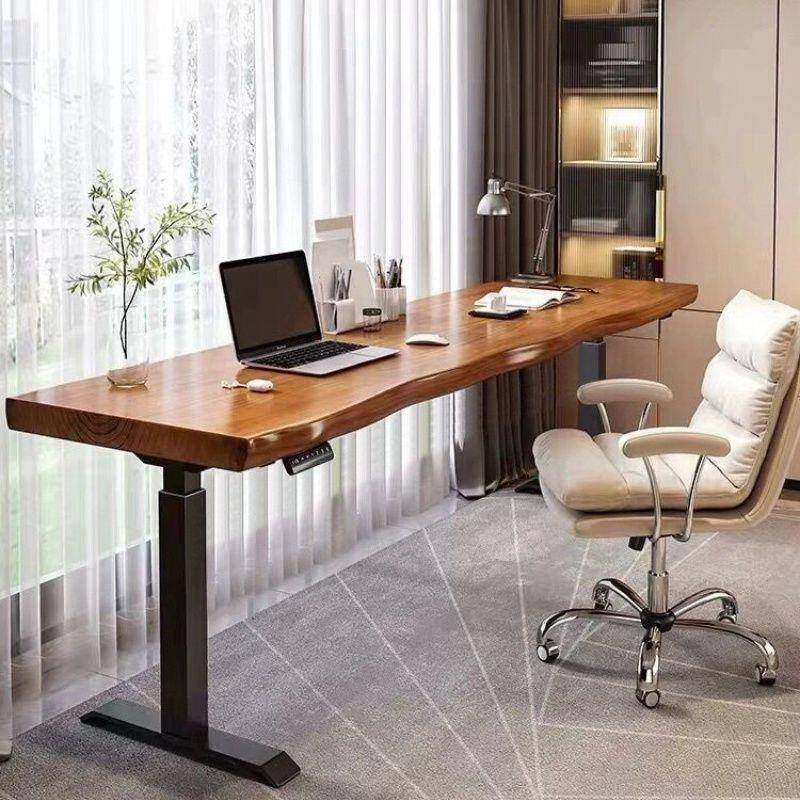 原木大板书桌学习办公电脑桌实木站立式工作台家用智能电动升降桌