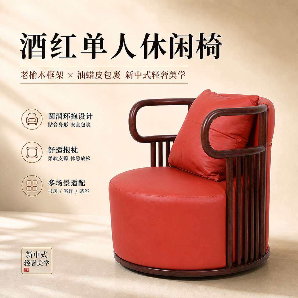 新中式休闲沙发椅升级老榆木洽谈椅现代轻奢实木沙发椅阳台休闲椅