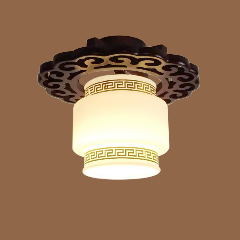 中式小吊灯实木园形陶瓷灯玻璃过道阳台走道灯楼道灯玄关卧室吊灯