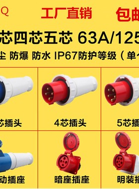 3芯4心5孔航空插座公母对接IP67三相防水工业插头连接器63A/125A