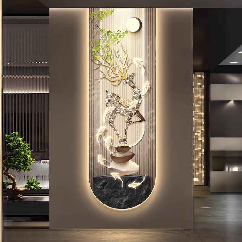 壁灯九鱼图生财鹿玄关高端装饰画灯光画客厅走廊过道LED发光挂画