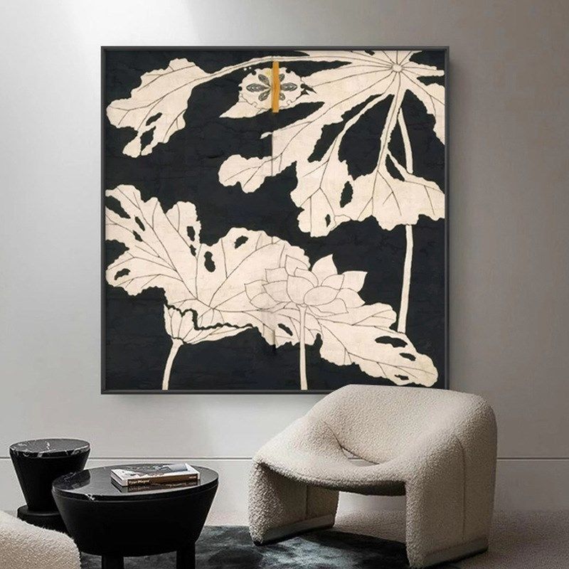 侘寂风荷韵复古黑白挂画客厅入户玄关沙发背景墙卧室床头画装饰画