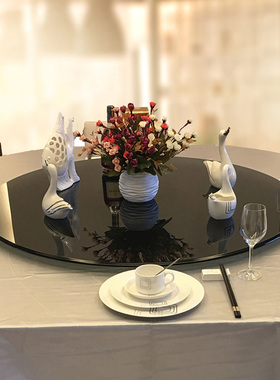 MA99天然本黑钢化玻璃纯色酒店餐厅黑色餐桌转盘家用底座连体餐台