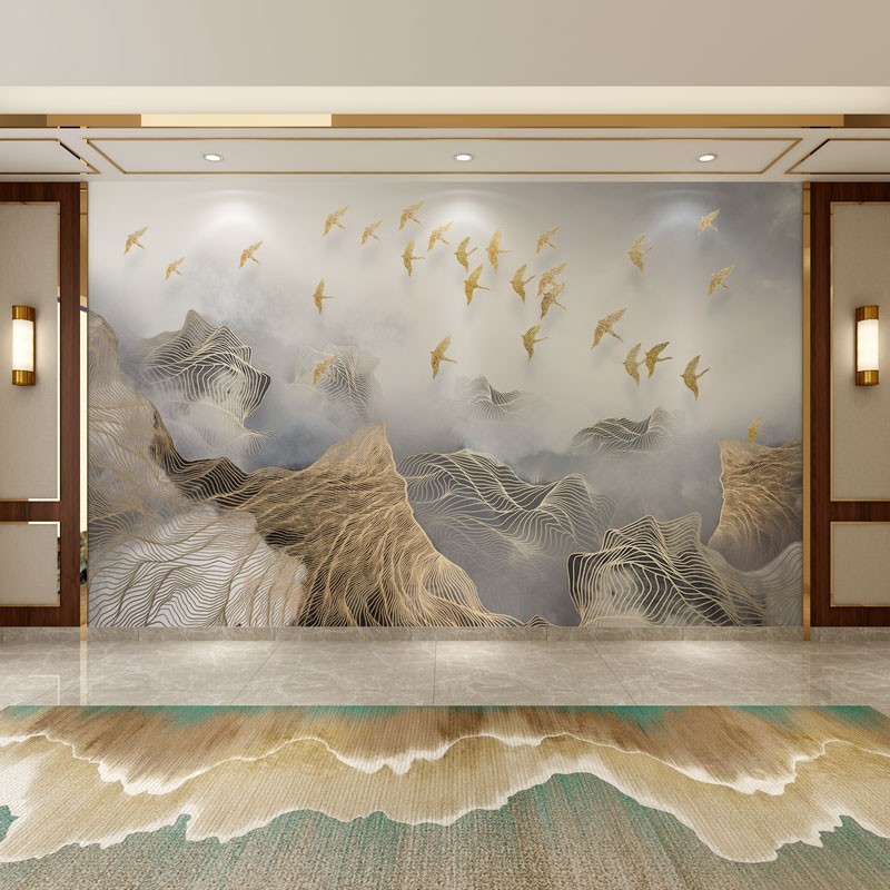 3D清明古典山水客厅电视背景墙纸意境抽象飞鸟沙发壁画办公室壁布