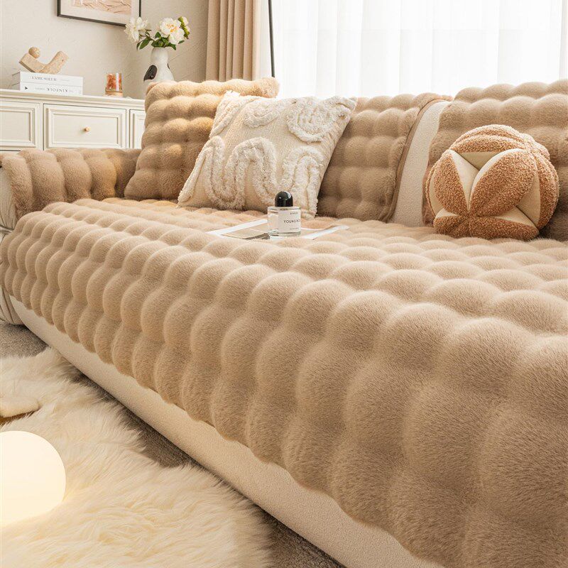 高级感兔兔绒沙发垫冬季加厚保暖毛绒坐垫新款直排防滑沙发盖布巾