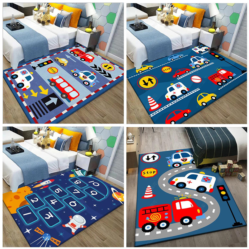 卡通小汽车跑道城市交通地毯床边长方形卧室男孩爬爬隔凉防滑地垫
