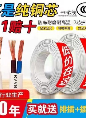 RVVB两芯护套线白色扁平铜芯线1.5 2.5 4 6平方电线家用电线软线