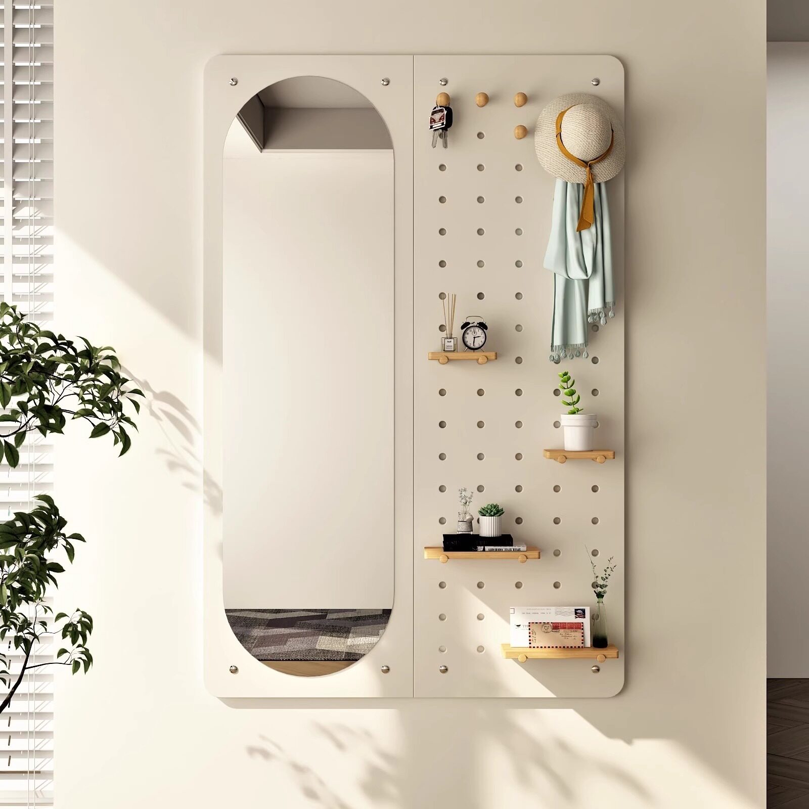 洞洞板全身镜子家用实木挂墙穿衣镜入户玄关壁挂衣帽架一体落地镜