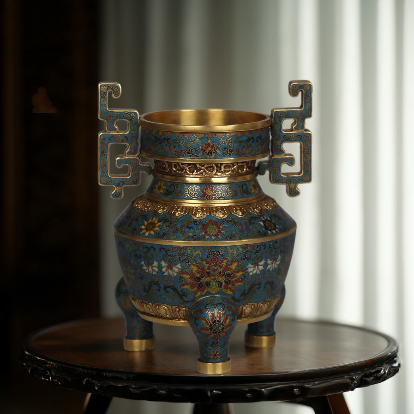 仿清代景泰蓝掐丝珐琅双耳香炉 多宝阁桌面艺术品摆件收藏装饰
