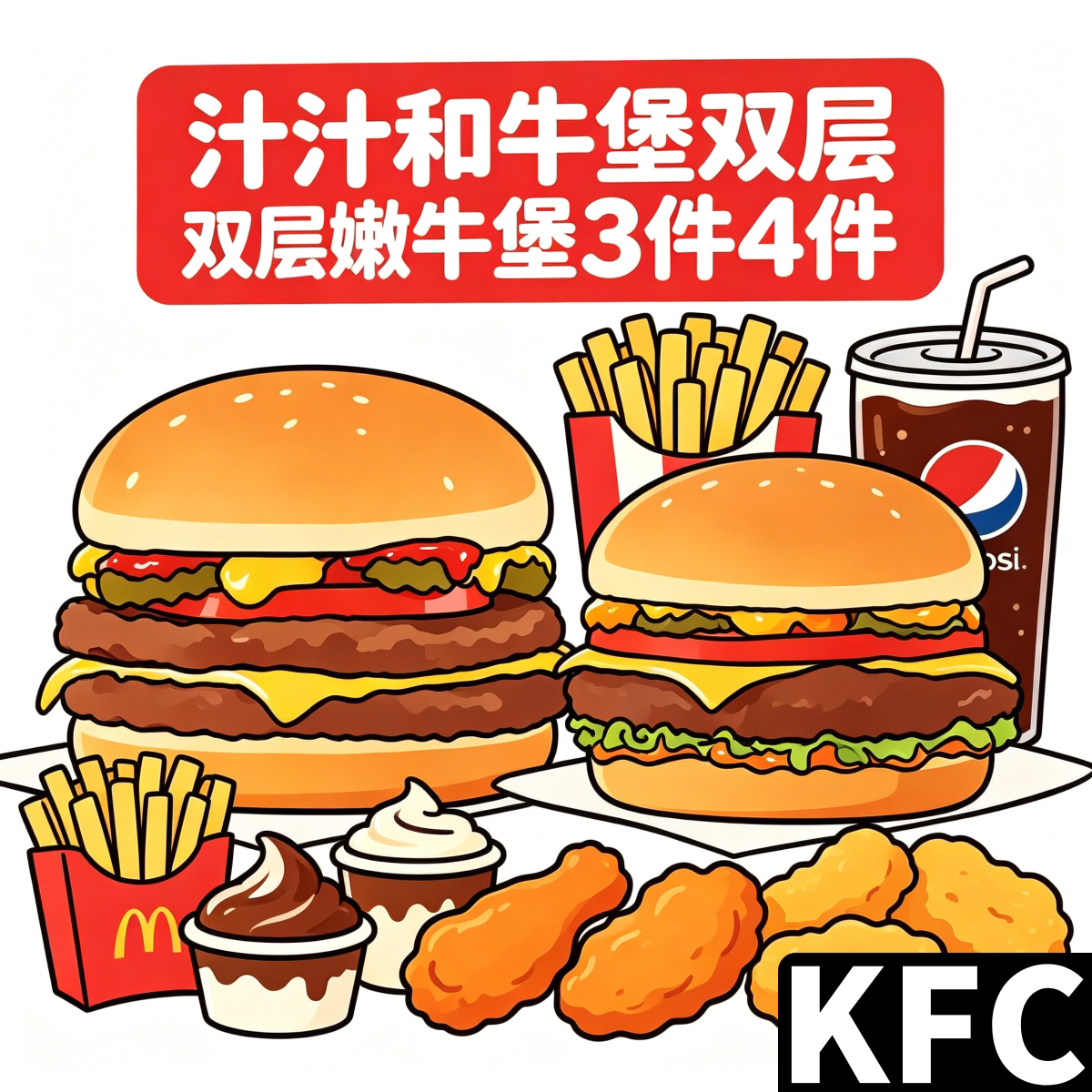 【KFC肯德基汁汁和牛堡双层嫩牛堡】+中薯/鸡块/鸡翅+蛋挞+中可