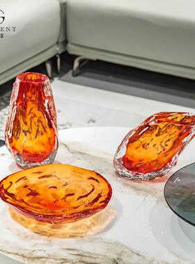 晶淳 现代极简轻奢橙红色琉璃家居摆件 售楼处样板间客厅装饰果盘