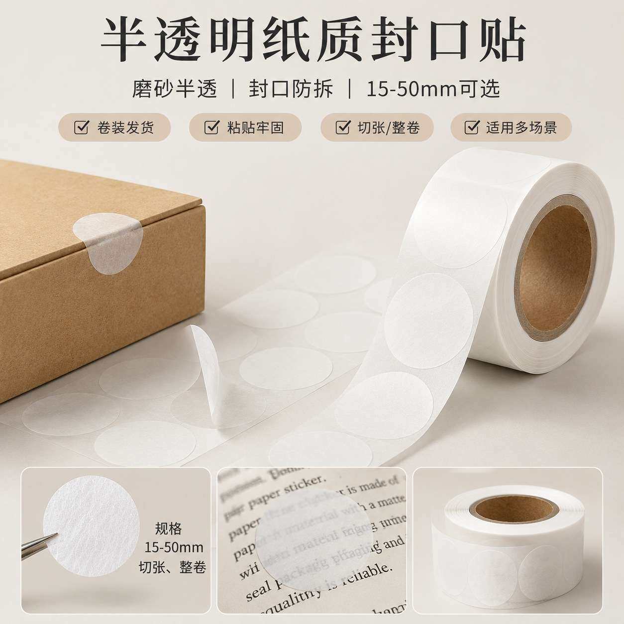 强粘半透明纸质封口贴纸质圆形贴无塑封口标签不干胶贴纸
