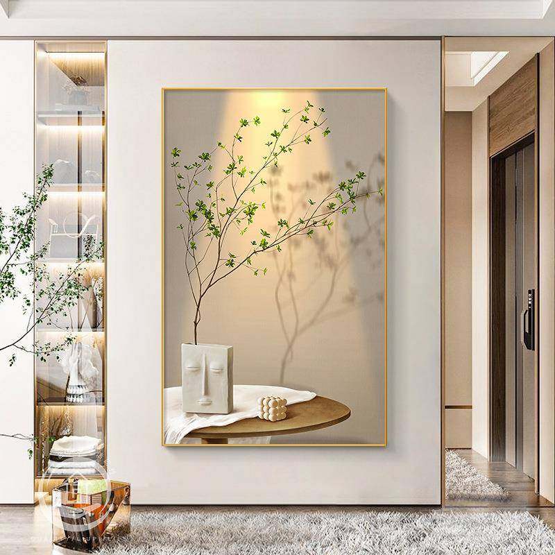 现代小清新玄关装饰画客厅光影植物氛围感壁画走廊过道竖版挂画