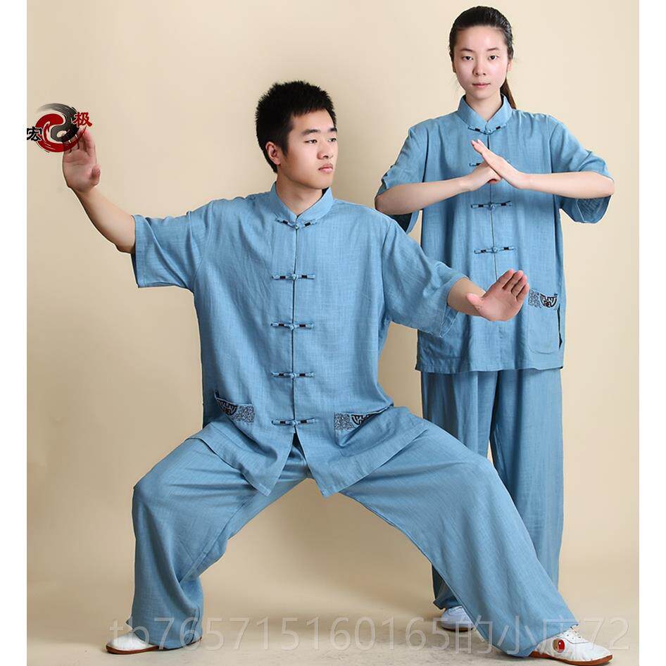 高档棉麻太极练服女式麻袖棉中袖男式短晨服春太极夏服中式新品