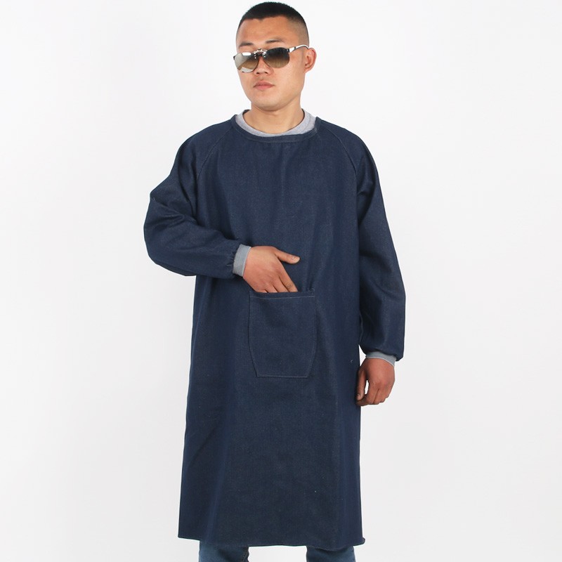 劳保牛仔反穿衣汽修搬运隔尘抗油污牛仔长袖罩衣焊工厚款围裙
