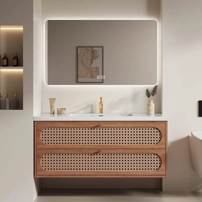 藤编风可丽耐岩板热弯无缝一体盆浴室柜组合洗脸洗手洗漱台盆定制