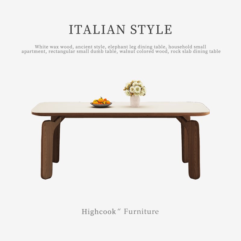 白蜡木中古风大象腿餐桌家用小户型长方形小笨桌胡桃色木岩板餐桌