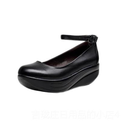 正品真皮妈后妈鞋妇女的楔形跟厚底摇摆鞋防滑软底轻量底圆头舒适