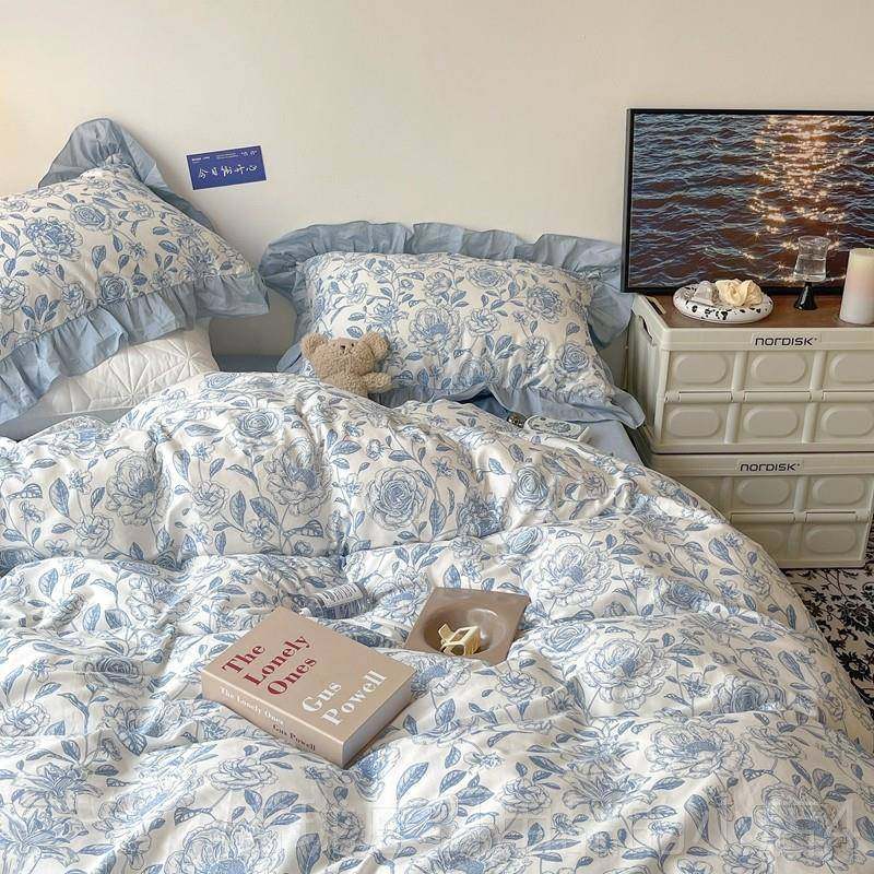 正品ins古赫小本复风黑白素花全棉描床上四件套 韩国仙女纯棉被套