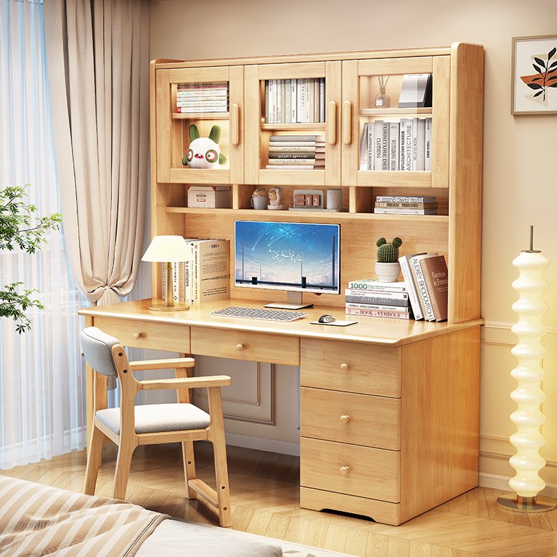实木儿童书桌书柜一体组合学习桌家用台式电脑桌卧室中学生写字桌