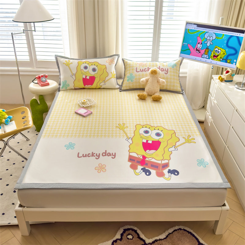 夏季凉感丝凉席三件套卡通冰丝席可爱印花空调席软席子儿童单双人
