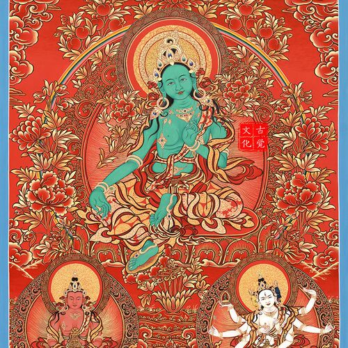 绿度母红金唐卡西藏热贡精品手绘复制印刷家用装饰挂画古觉文化