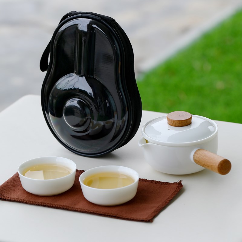 羊脂玉白瓷旅行茶具一壶两杯旅行包方便携带实木侧把茶壶创意茶具