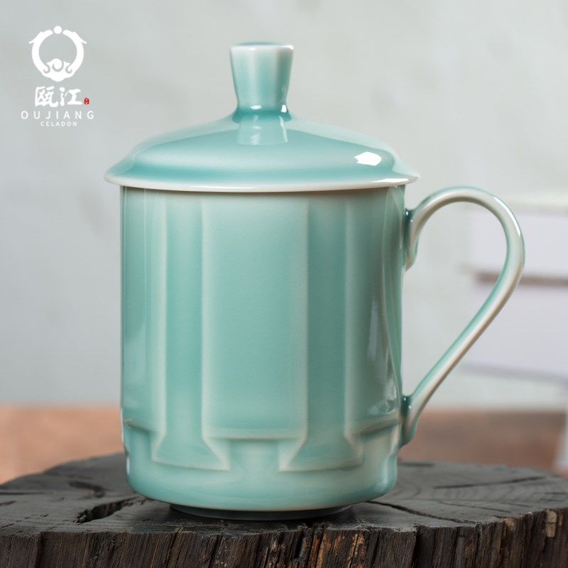 瓯江龙泉青瓷办公茶杯带盖陶瓷杯礼盒装泡茶大杯子家用杯香玉杯