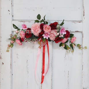 中式婚房布置结婚新房入户门窗户婚礼卧室门仿真花艺门楣花装饰花