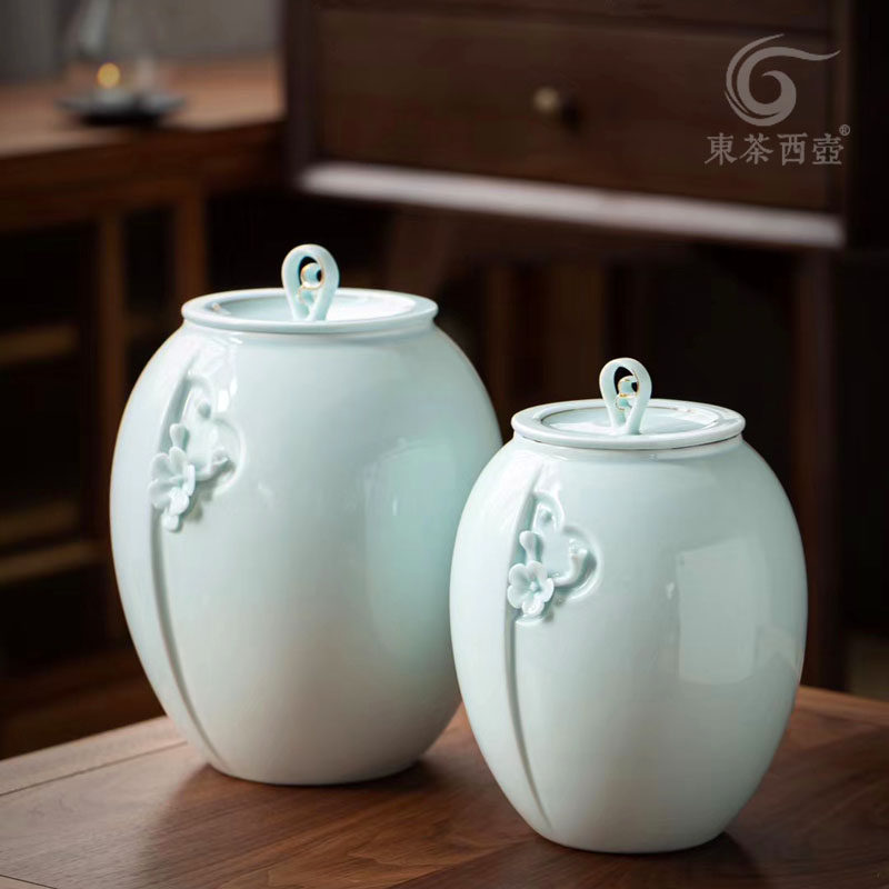 陶瓷茶叶罐大号青瓷手绘描金茶缸普洱醒茶罐一斤装知音茶仓礼盒装