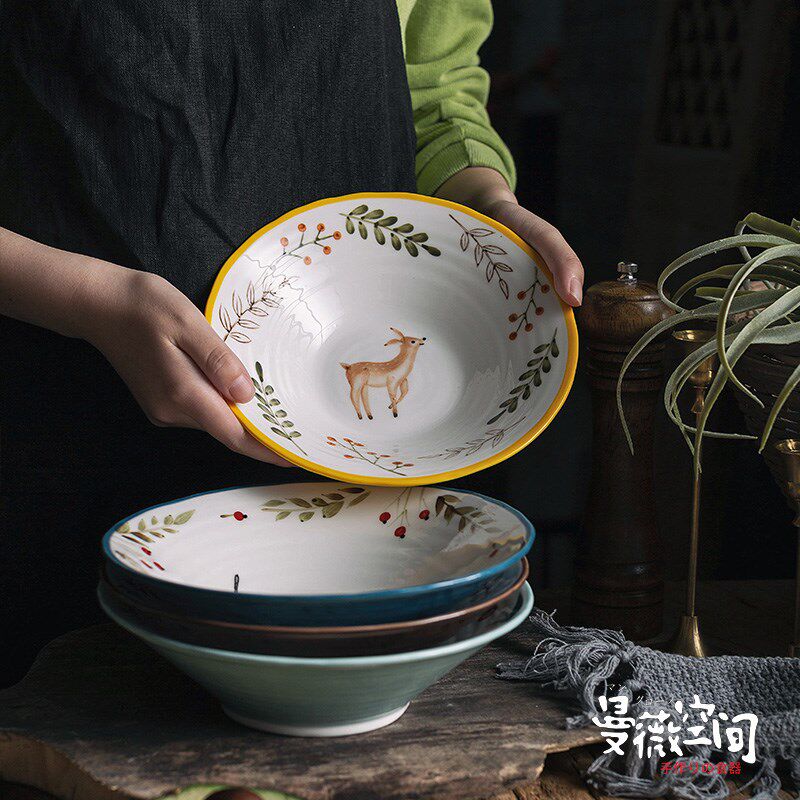动物碗盘套装陶瓷创意餐盘餐具手绘可爱面碗汤碗复古猫咪斗笠碗