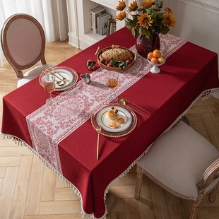 中式桌布棉麻餐桌布红色喜事茶几台布节日喜庆桌布摆台桌垫长方形