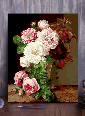 diy数字油画 客厅花卉自己填色数码油彩画减压手绘装饰画 月季花
