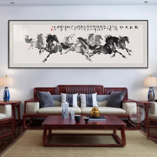八骏图客厅挂画大气办公室马到成功装饰画横幅书房沙发背景墙壁画