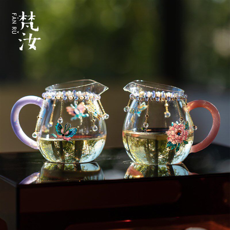 梵汝 耐热玻璃公道杯功夫茶具分茶器掐丝珐琅自带自吸链紫水晶