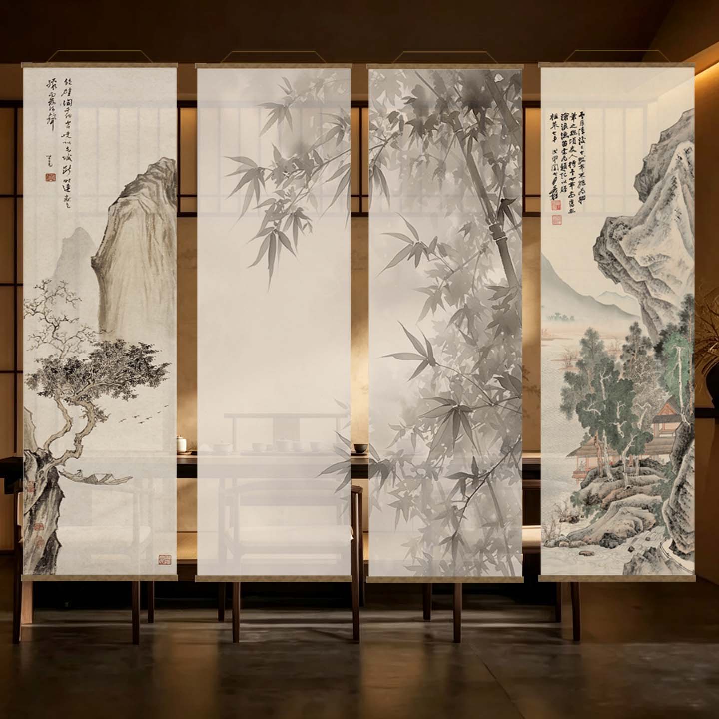 宋氏美学中式水墨竹半透光纱帘